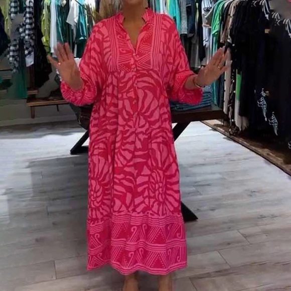 Vibrant Pink Pattern Bell Sleeved Maxi Dress - Picture 1 of 7